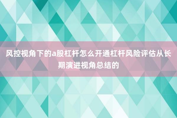风控视角下的a股杠杆怎么开通杠杆风险评估从长期演进视角总结的